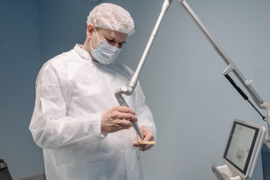 Doctor wearing protective gear using a laser machine in a clinic setting.