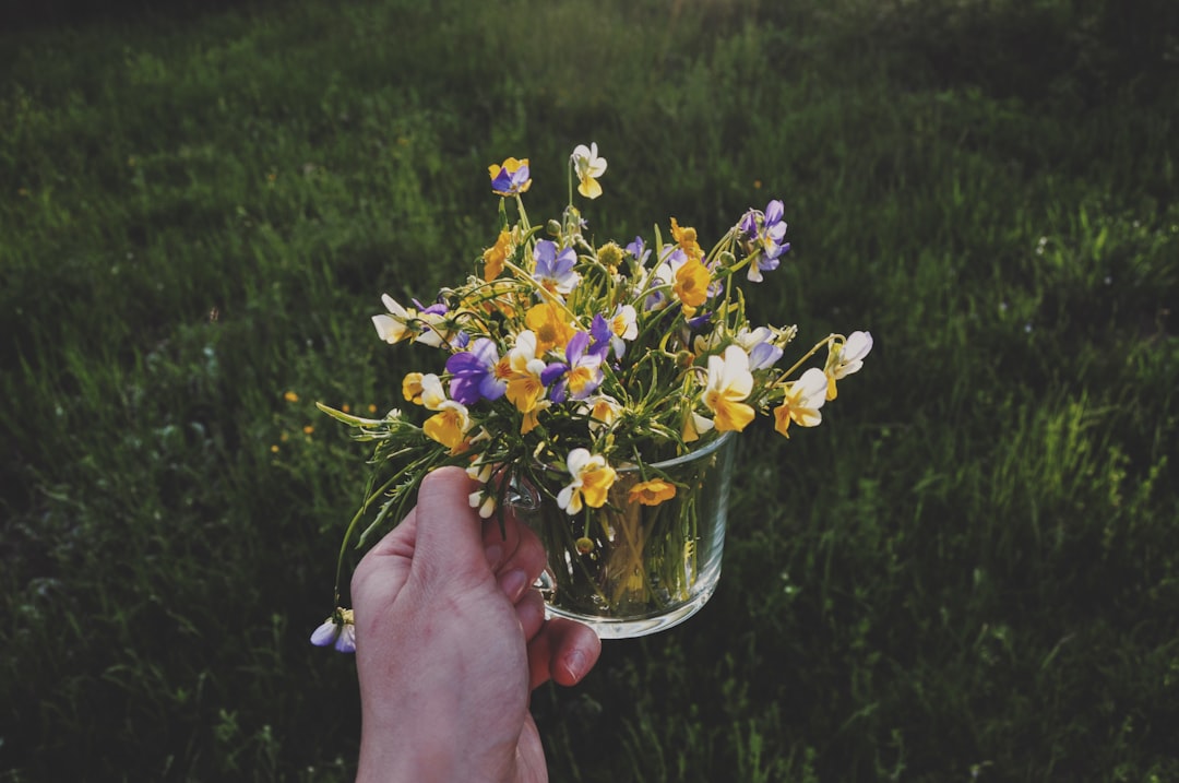 a person holding a vase with flowers in it